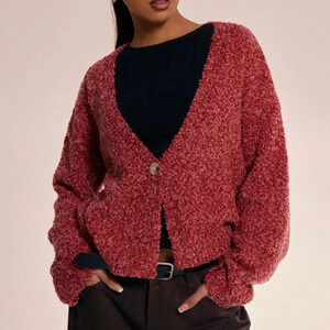 Red Casual Women's One Button Knit Cardigan